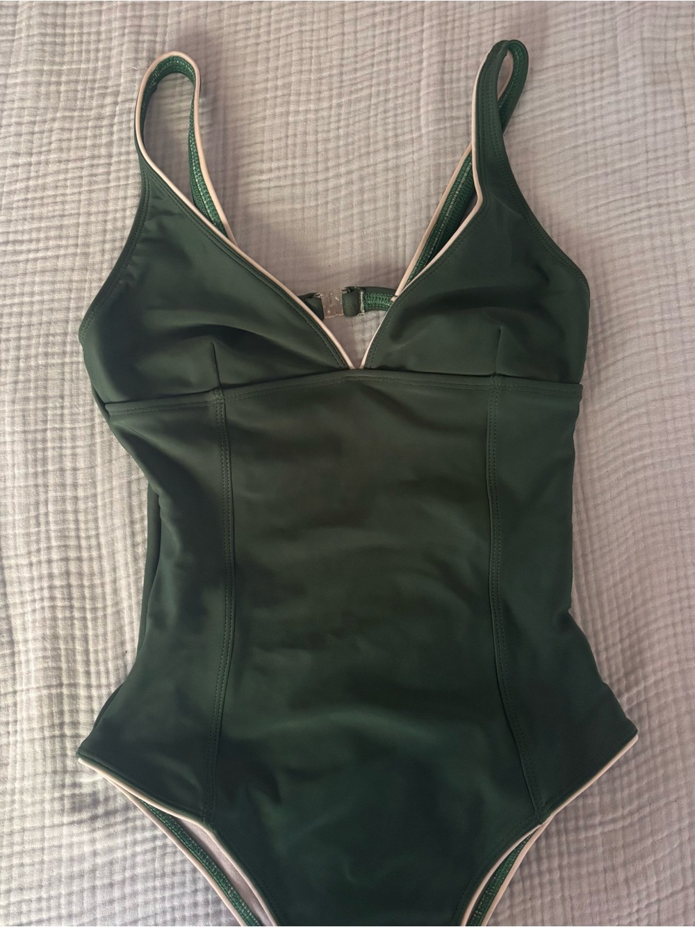 Vintage Perth Dark Green One-Piece Swimsuit with Cream Trim